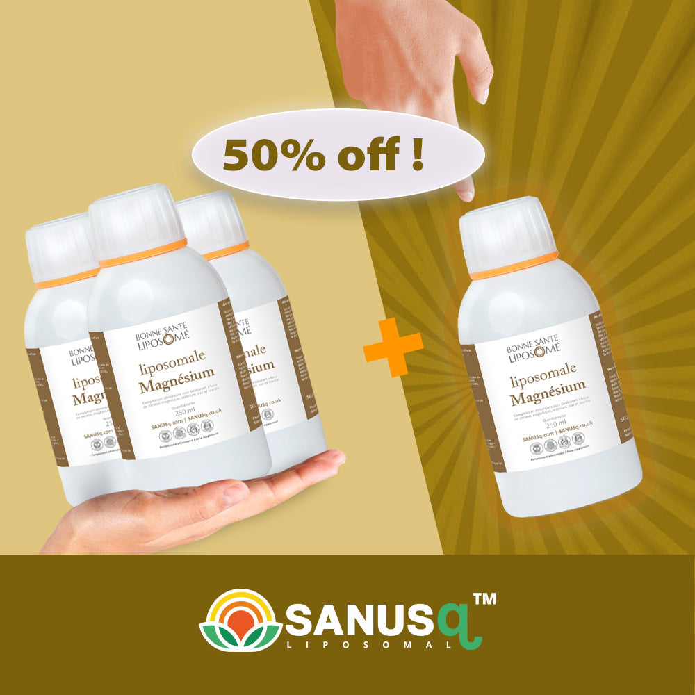 Promotional image showing liposomal magnesium supplement bottles with 50% off discount offer on golden sunburst background