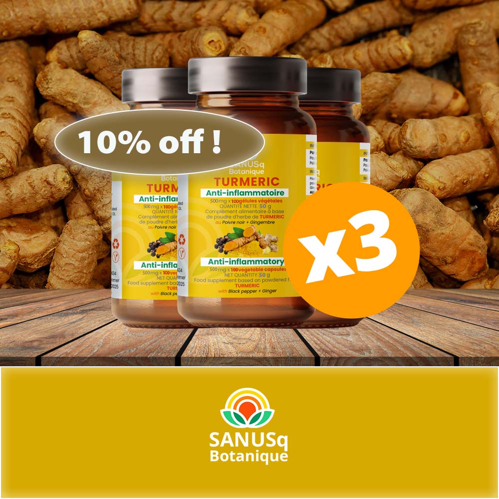 Promotional image showing turmeric anti-inflammatory supplement bottles with 10% off discount offer and fresh turmeric root background