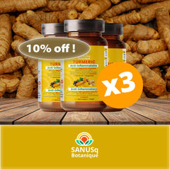 Promotional image showing turmeric anti-inflammatory supplement bottles with 10% off discount offer and fresh turmeric root background