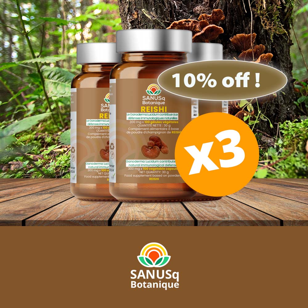Promotional image showing Reishi mushroom supplement bottles with 10% off discount offer and natural forest mushroom background