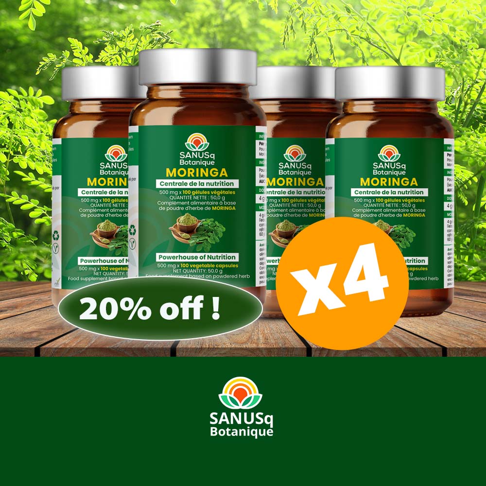 Promotional image showing Moringa nutrition powerhouse supplement bottles with 20% off discount offer and lush green foliage background