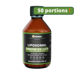 A 250ml dark glass bottle of SANUSq Health Liposomal Coenzyme Q10 (Ubiquinone CoQ10), with a black and green label, containing 200mg CoQ10 and 480mg Phospholipids per serving.